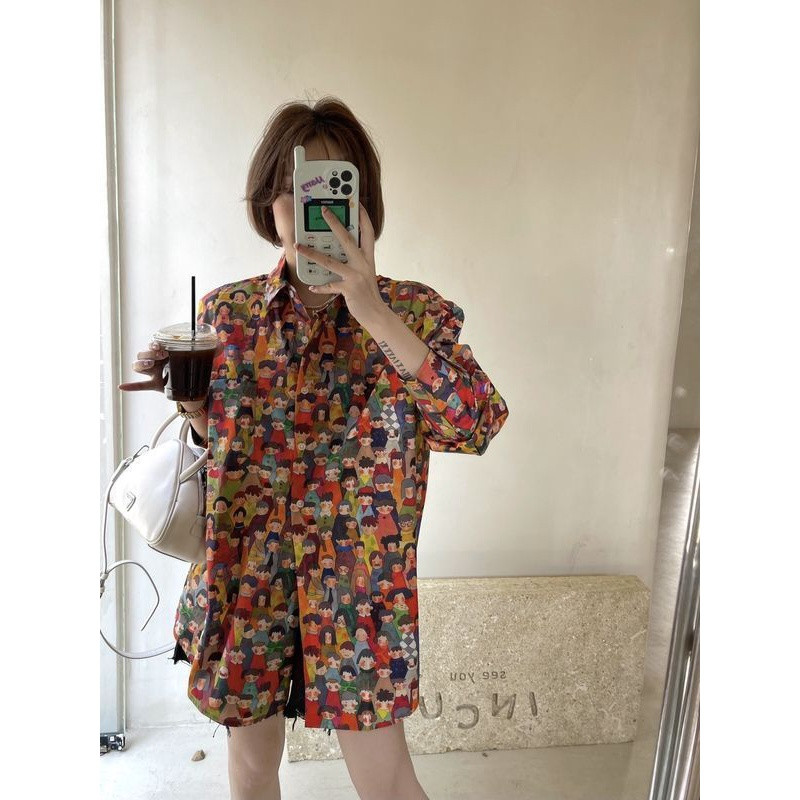 Karakter Kartun CetakpoloKemeja Lengan Panjang Longgar Kerah