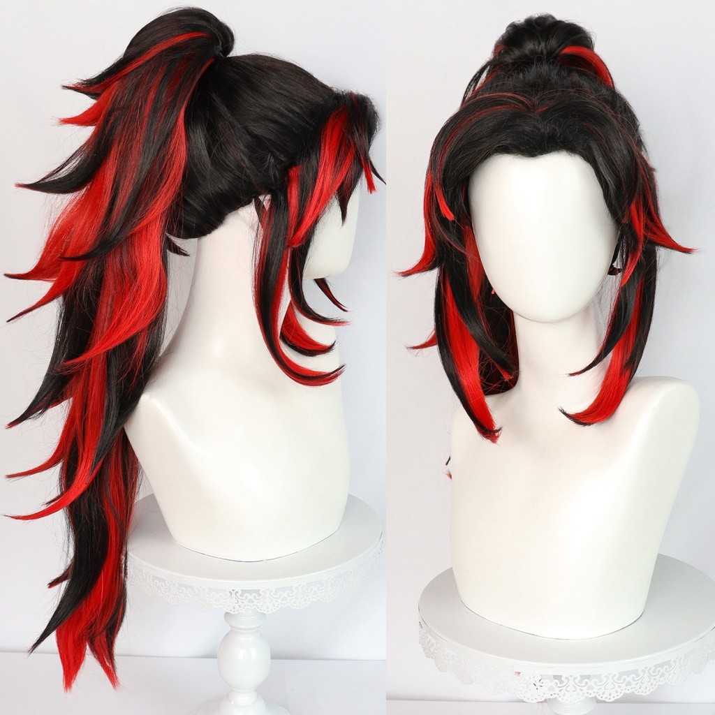 Wig Cosplay Misscoo Tsugikuni Yoriichi Rambut Sintetis Tahan Panas Ekor Kuda Panjang Hitam Merah Pem