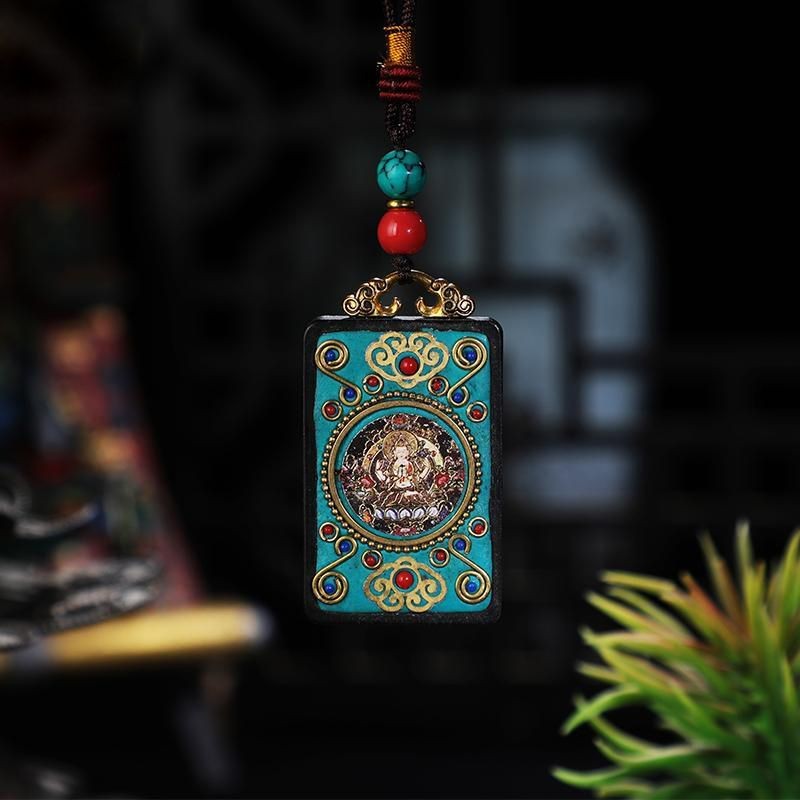 Tibetan Zen Dekorasi Kayu Tibet Liontin Papan Kuning Tuhan Kekayaan Manmanshu Jimat Bertatahkan Mani