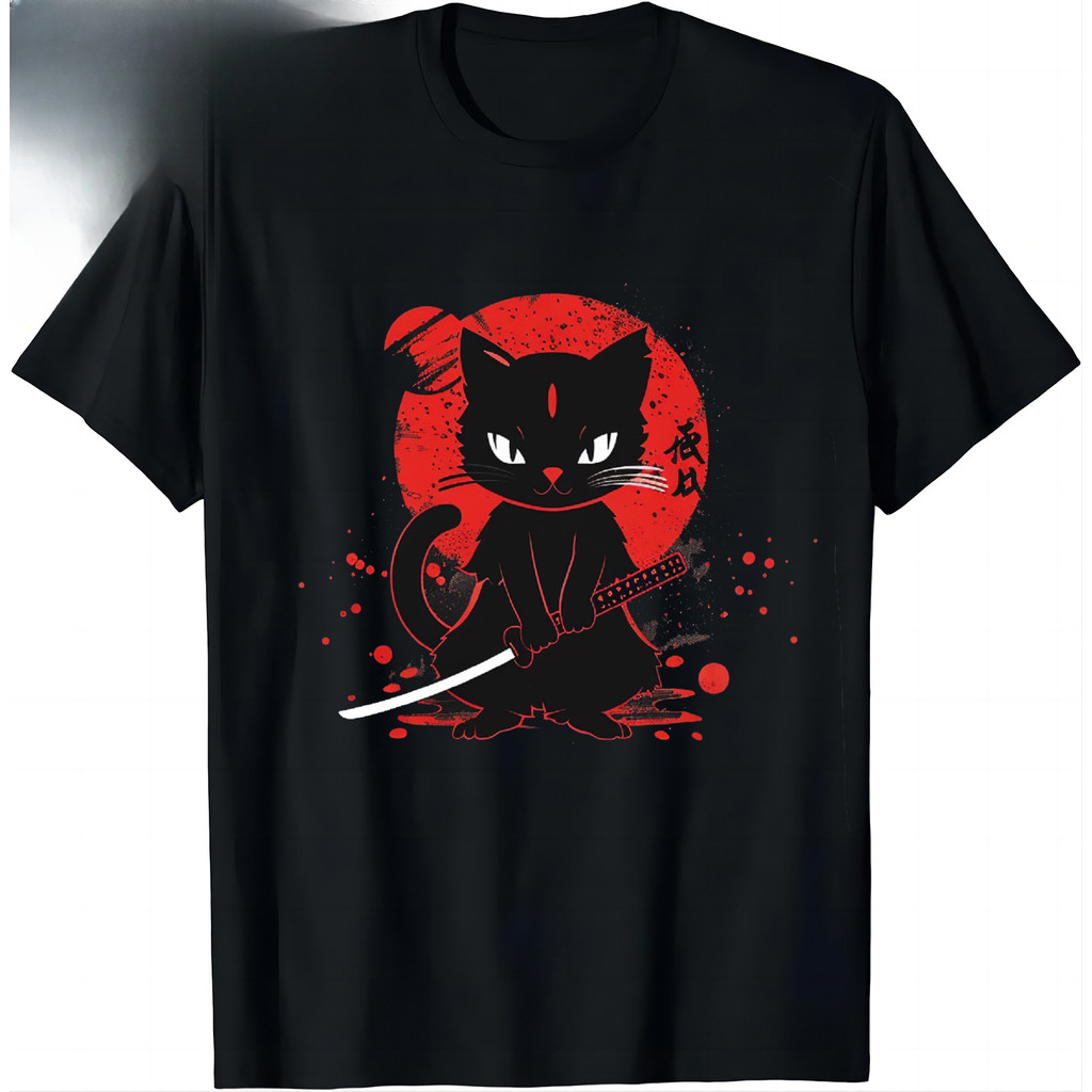 Kedatangan Retro Jepang Samurai Kucing Kawaii Tato Gaya Grafis Pakaian Katun Kaos Grafis Ropa De Muj