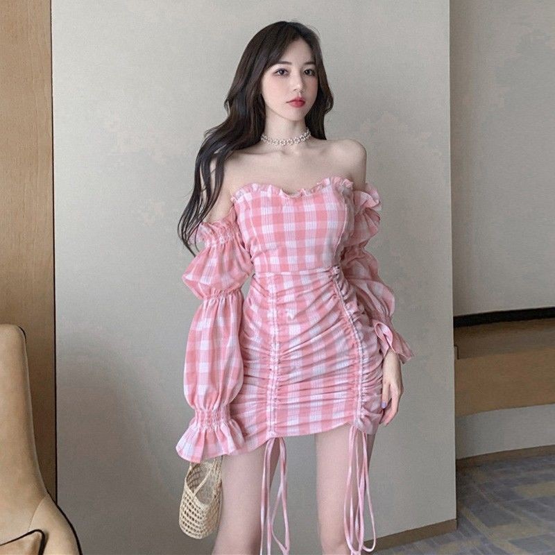 Pink Sweet Plaid Dress Slimming Retro Short Skirt Long Sleeve One-Step Skirt