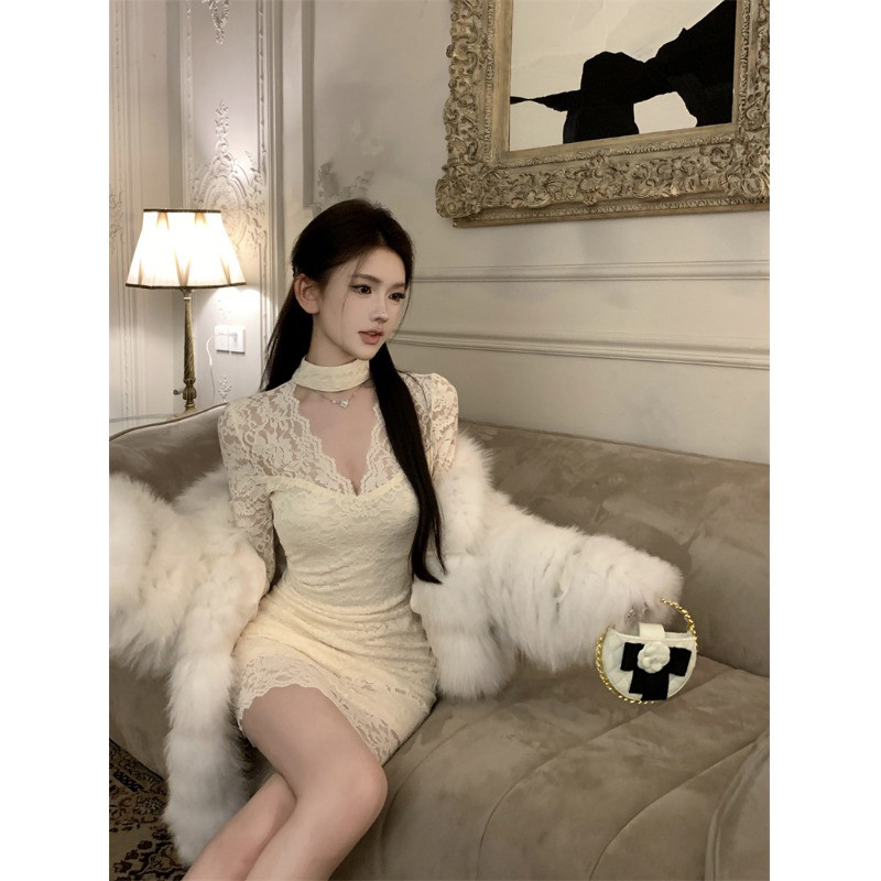 [Crunchy Brulee]Dress renda wanita dress lengan panjang kerah V rok slim fit