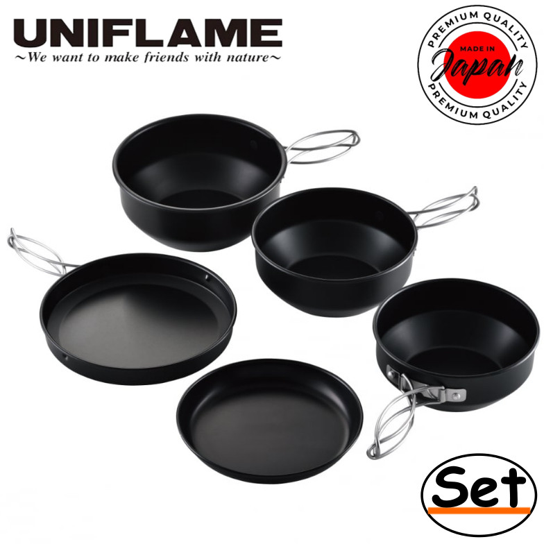 UNIFLAME JAPAN Trail Pot 5 Hitam/Kompak dan ringan 5 buah set kompor Outdoor mendaki gunung berkemah