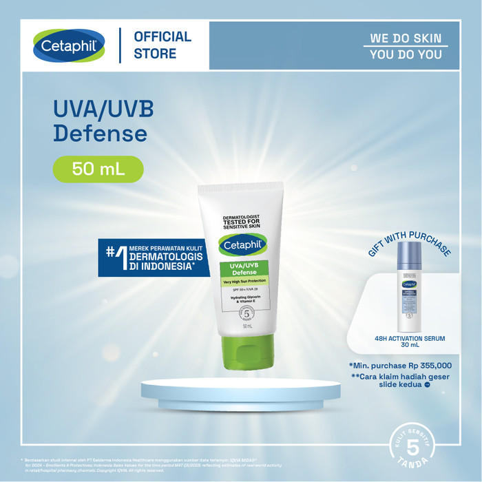 Cetaphil Uva/Uvb Defense Spf 50 50Ml Pelembap Dan Sunblock Untuk Perawatan Wajah