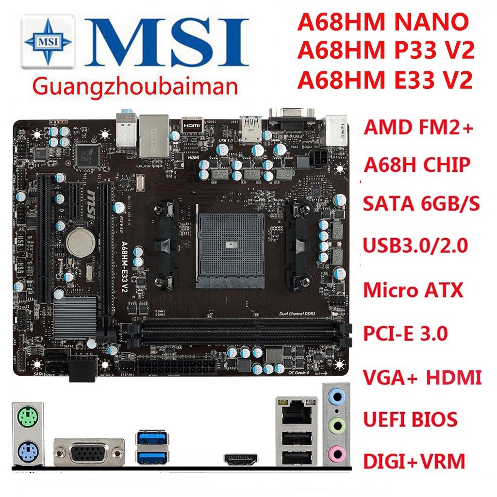 Motherboard MSI A68HM-E33 V2 untuk AMD Socket FM2+ A68 A68H Papan desktop A68HM-P33 & A68HM NANO |ep