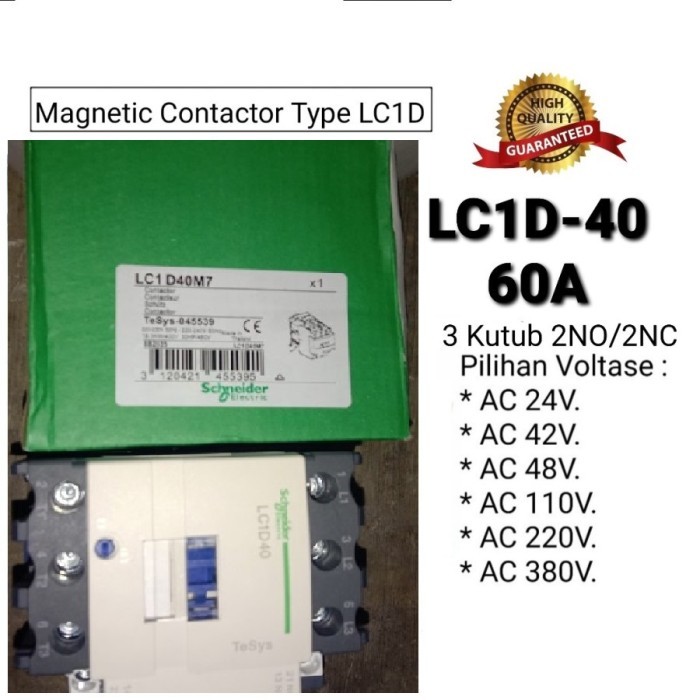 Kontaktor Magnet Schneider LC1D40 60A 24V 42V 48V 110V 220V 380Volt