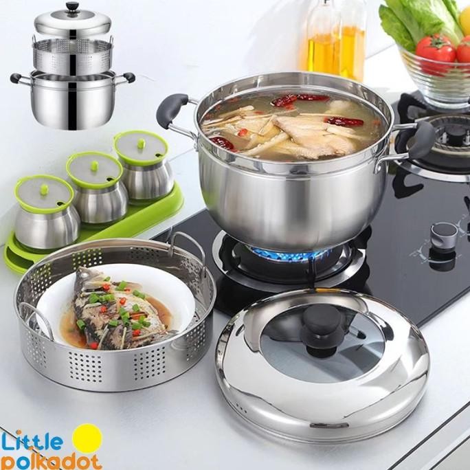 Panci kukusan tutup kaca ukuran besar Panci Kukus 2 Susun/Panci Kukus Stainless Steel Dandang Panci 