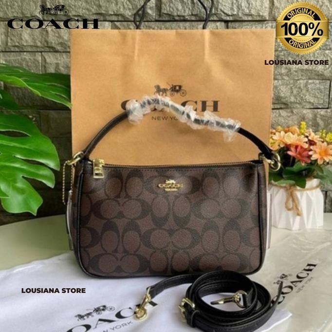 TAS WANITA COCH TOP HANDLE POUCH IN SIGNATURE CANVAS MAHOGNAY SLING BAG SELEMPANG TAS LUCU UNIK GEMO