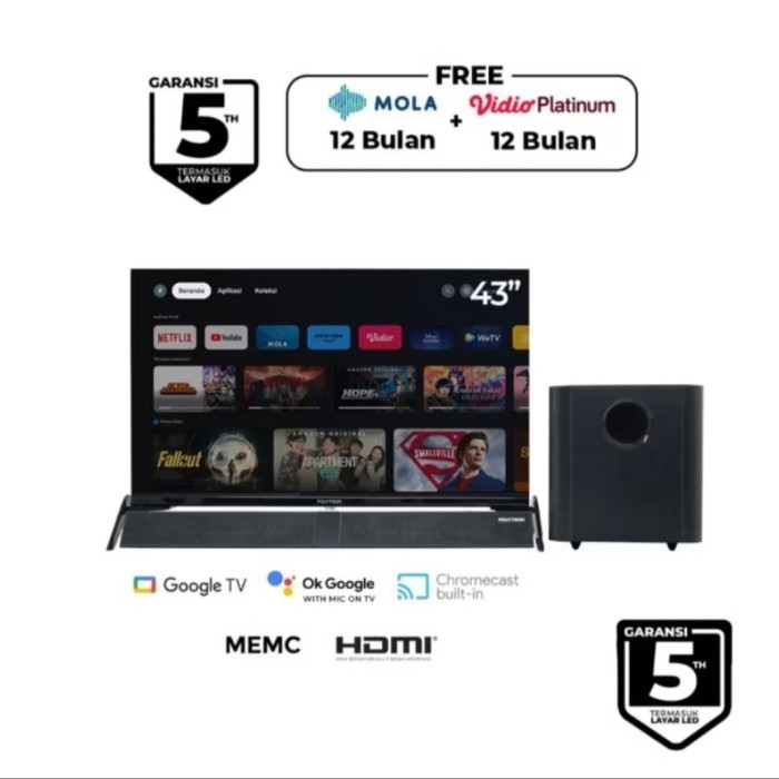 Toko Bakia -- TV LED POLYTRON GOOGLE TV SOUNDBAR 43INCH FHD PLD-43BG9058