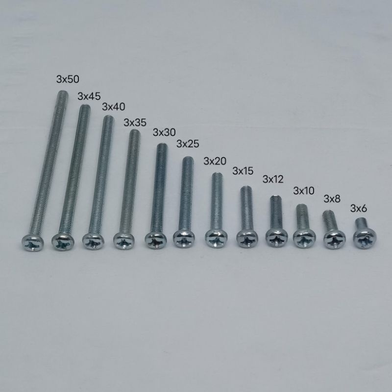 Baut JP M3 Baut Kepala Obeng (+) diameter 3mm panjang 0,6cm sampai 5cm