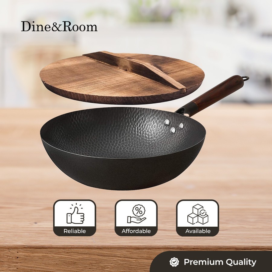 CARBON STEEL WOK PAN WITH LID / HAMMERED STYLE WOK PAN / WAJAN MASAK