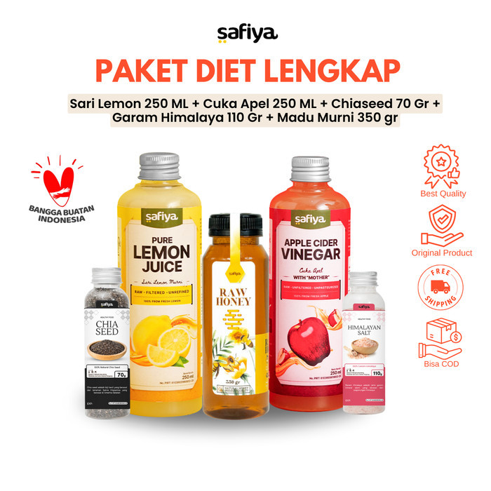 

Safiya Paket Komplit 5in1 Cuka Apel 250 ml + Lemon 250 ml + Chiaseed + Garam + Madu Murni