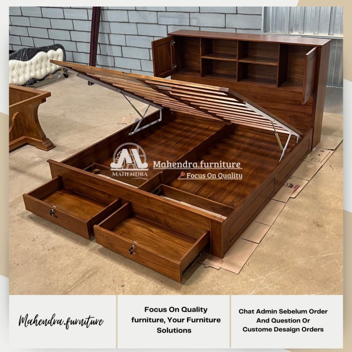 Tempat Tidur 180x200 Dipan Kayu Jati Penyimpanan Dipan Hidrolik+Laci Tempat Tidur Kayu Jati