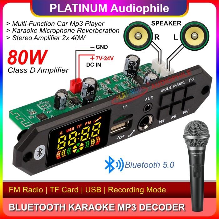 Modul MP3 Bluetooth Karaoke Amplifier 2x 40W 80W Microphone Echo Mic