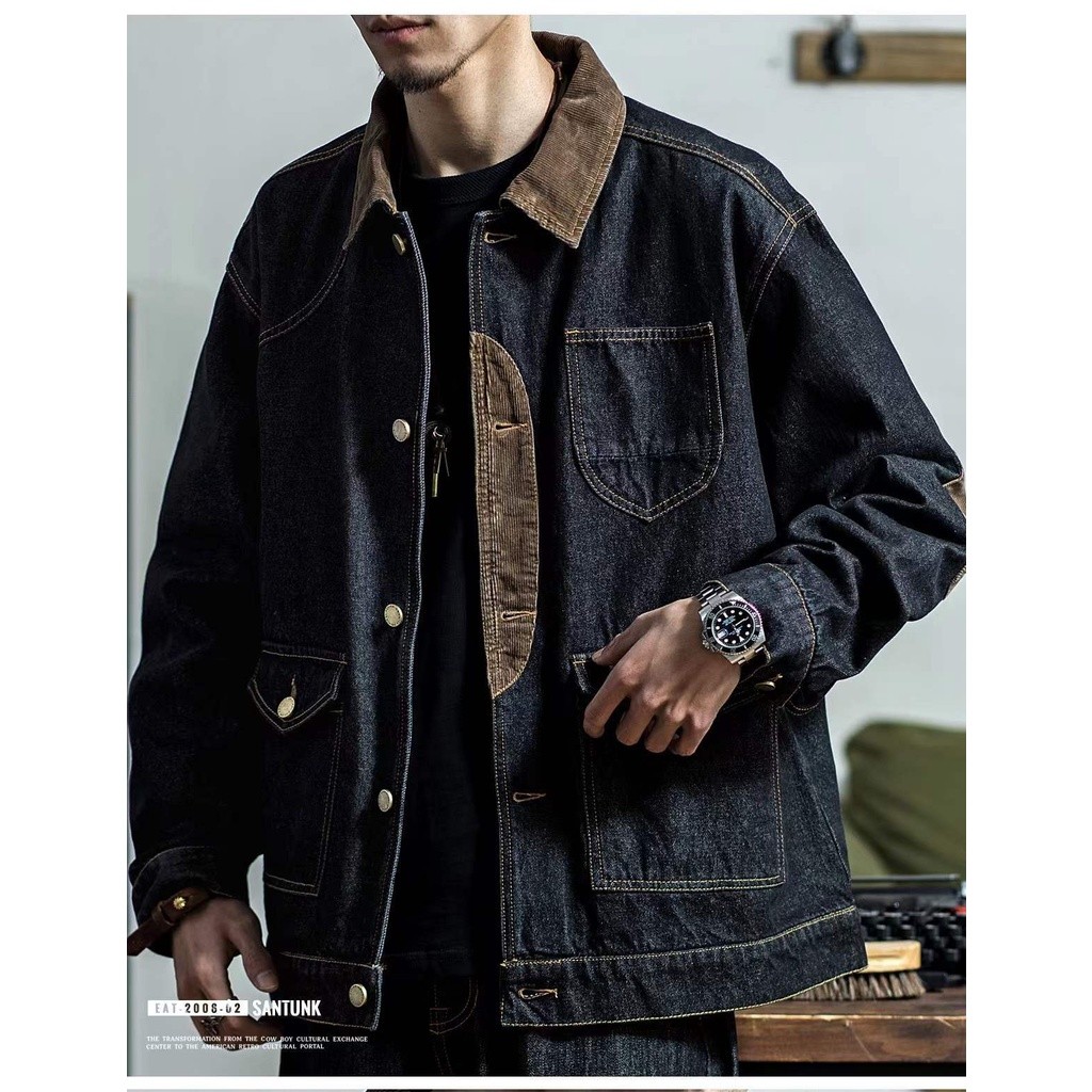 [X-MEN] Jaket Denim Pria Kaku Amerika Retro Hunting Denim Corduroy Jahitan Denim Longgar Jaket Trend