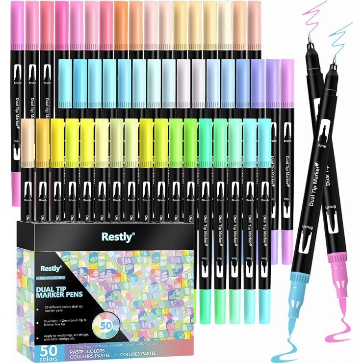 

T E R B A R U Restly 50 Pastel Colors Brush Markers Pens For Adult Coloring Books,