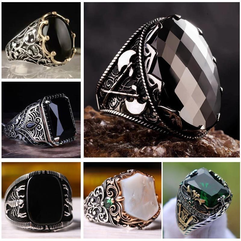 S925Cincin Zirkon Datar Hitam Motif Retro PerakCincin  Cincin Pria Senior Fashion FNYF