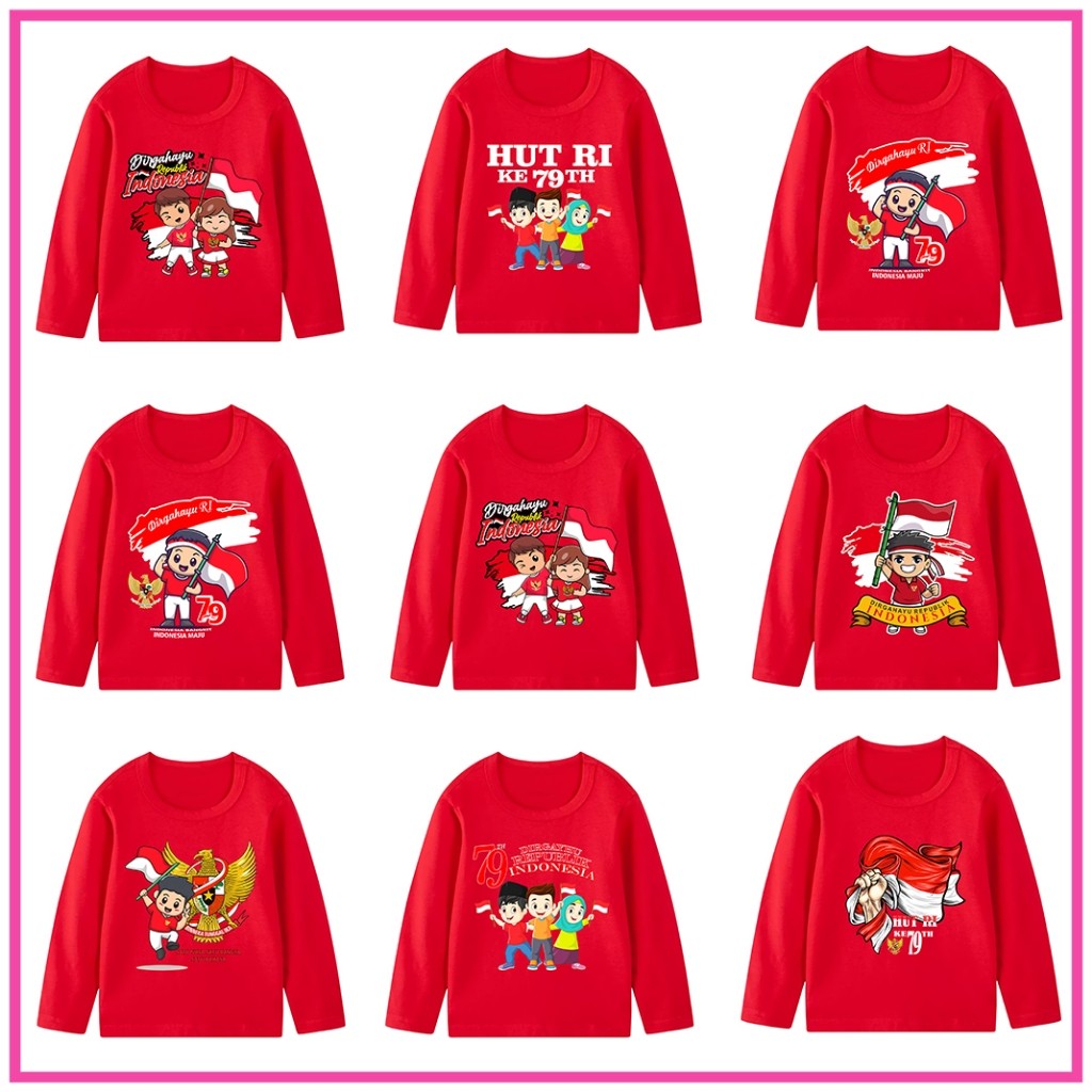 Kaos Anak Kaos 17 Agustus Anak Lengan Panjang Motif HUT RI Motif Bendera Garuda Merah Putih 3 Tahun