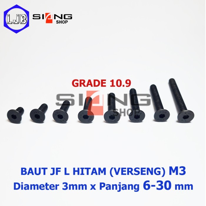 Baut JF L Baja Hitam M3 panjang 6 sd 30mm Baut Verseng Baja Grade 10.9