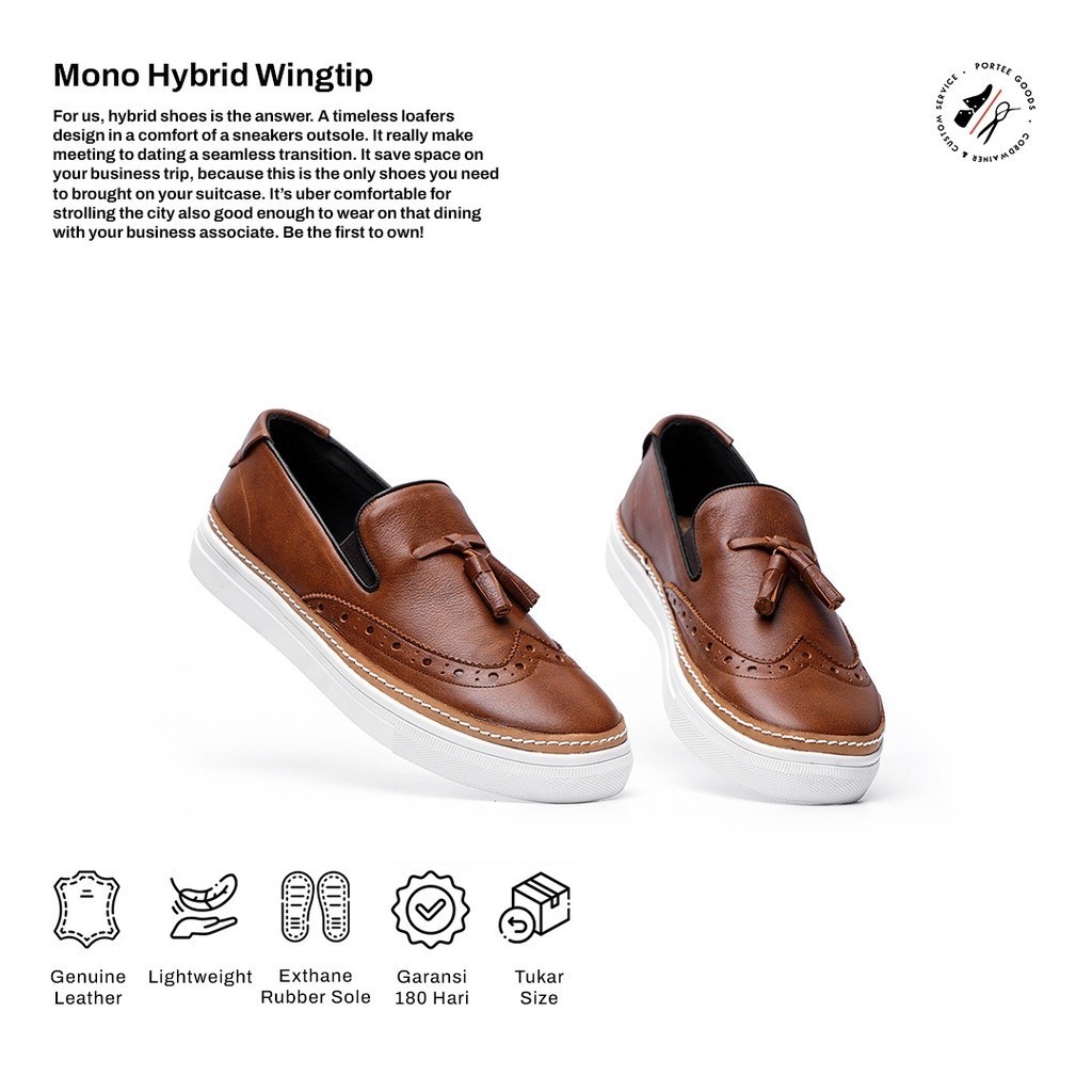Portee Goods Sepatu Kulit Sneakers Pria Mono Hybrid Wingtip Cognac