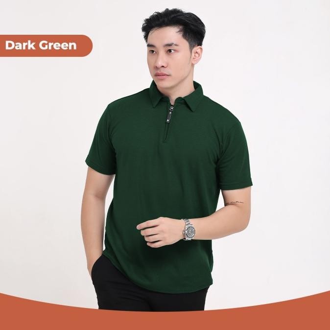 BROGUY KAOS POLO SHIRT PRIA KERAH LENGAN PENDEK ZIPPER - DARK GREEN