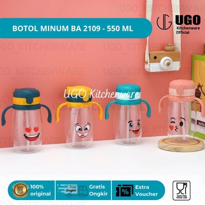 Botol Minum Anak Transparan Lucu Dengan Pegangan + Sedotan 550 Ml