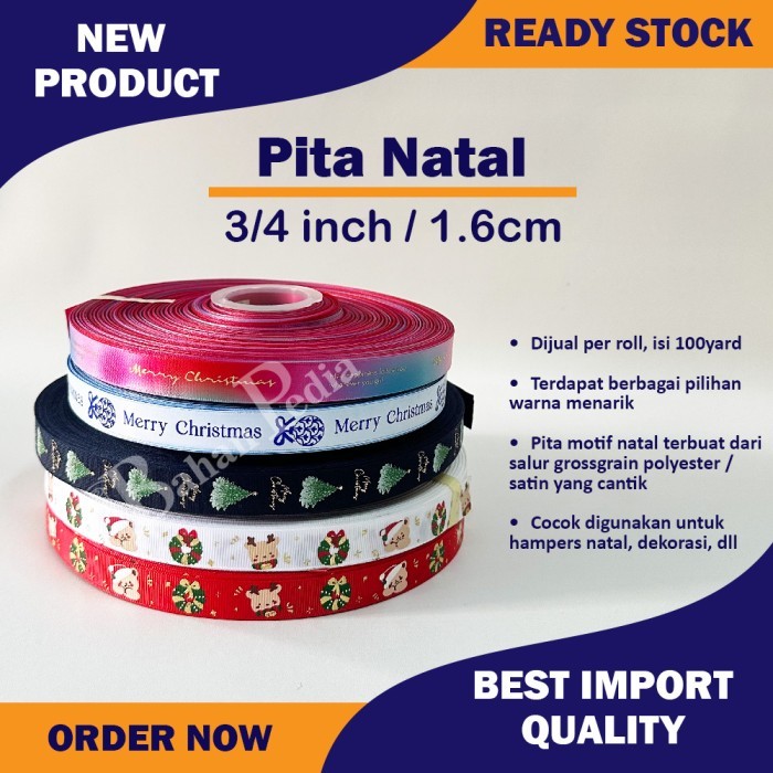 

[Roll 100yard] Pita Christmas Grossgrain Polyester Hampers Natal 1.8cm