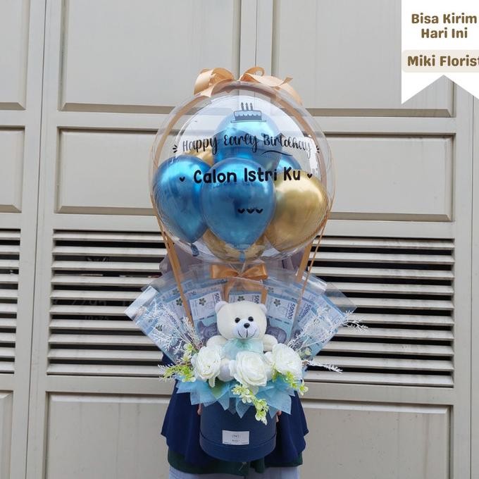 BUCKET BALON BLOOM BOX FLOWER + BONEKA + UANG (ISI UANG SENDIRI) BOX XL ISI UANG 20-30 LEMBAR STOK T