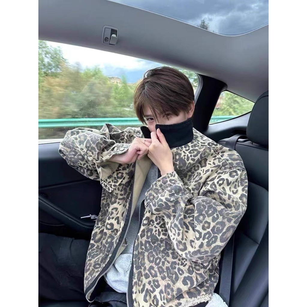 Mantel Denim Cetak Macan Tutul Antik Jaket Jalanan Pria Pu Shuai Jalanan Goreng