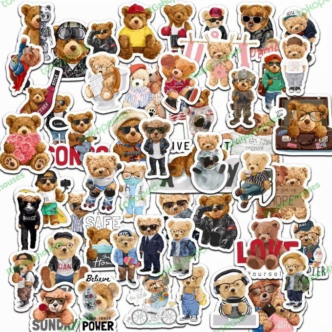 

50 pcs sticker tumblr hewan teddy bear beruang coklat lucu kawaii fashion dekorasi hiasan vintage hp/tablet/laptop/mobil/helm/jurnal anti air waterproof