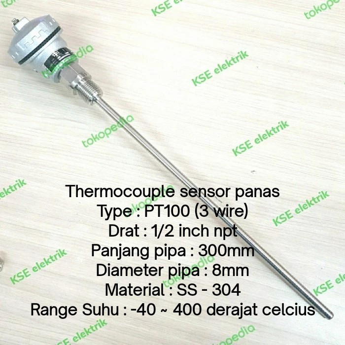 Terlaris Sensor Panas Thermocouple Pt100 Kse 8X300Mm Drat 1/2" Pvc