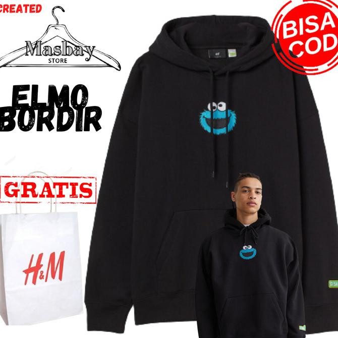 HOODIE H&M ELMO BLACK BORDIR FREE PAPER BAG HNM FULL TAG