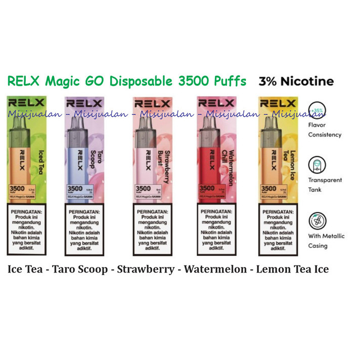 

Relx Magic Go 3500 Puffs Disposable Strawberry Watermelon Lemon Ice Tea Taro Terbaru