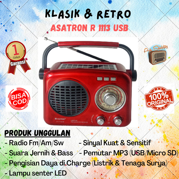 Promo Radio Fm Retro Bluetooth Asatron R-1113 Usb 100% Ori (Panel Surya)