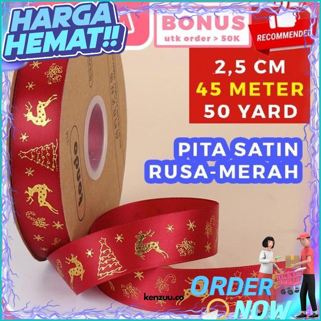 

45 Meter Pita Natal Christmas Ribbon Emboss Emas 50 Yard Packaging Kado Hampers Kilat