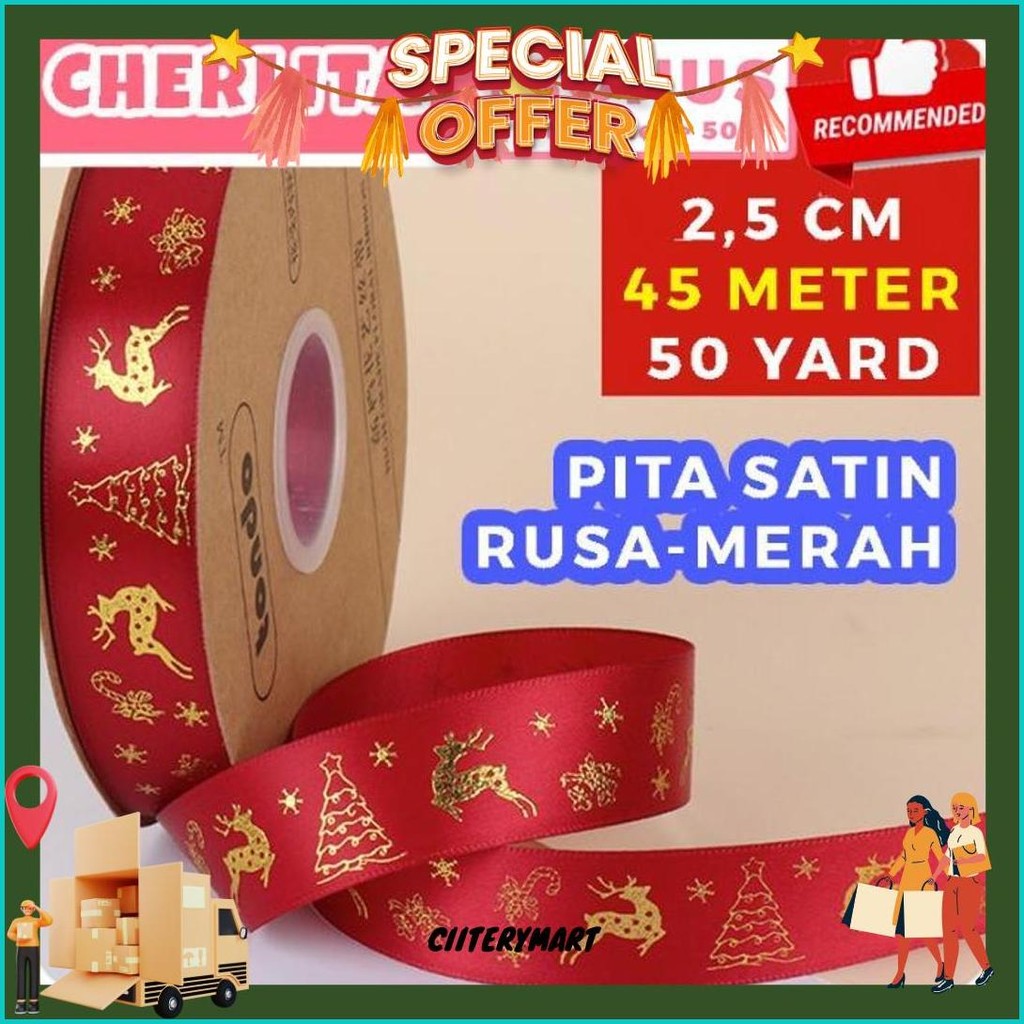 

45 Meter Pita Natal Christmas Ribbon Emboss Emas 50 Yard Packaging Kado Hampers Promo