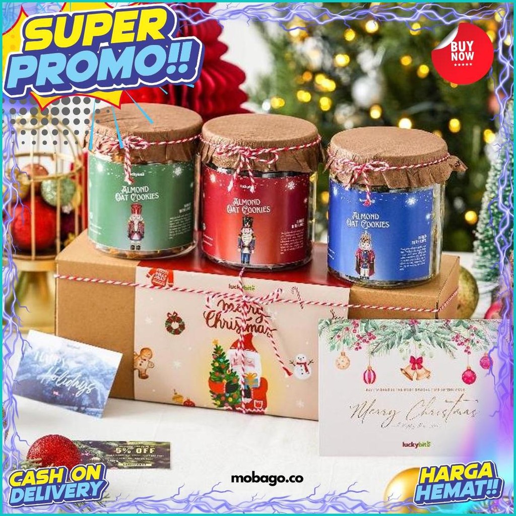 

Hampers Natal / Christmas Hampers - Oatmeal Cookies 3 Jar + Free Kartu + Tali + Voucher + Bubble Wrap | Luckybite Kilat
