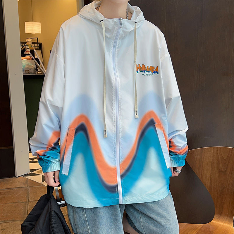 Jaket Tipis Longgar Pria, Baju Luar Mode Gradien Remaja, Pakaian Pelindung Matahari, Mantel Tipis Be