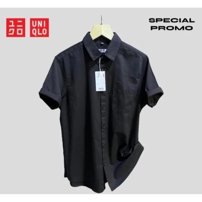 UNIQLO HITAM KEMEJA PENDEK PRIA POLOS SLIMFIT KASUAL