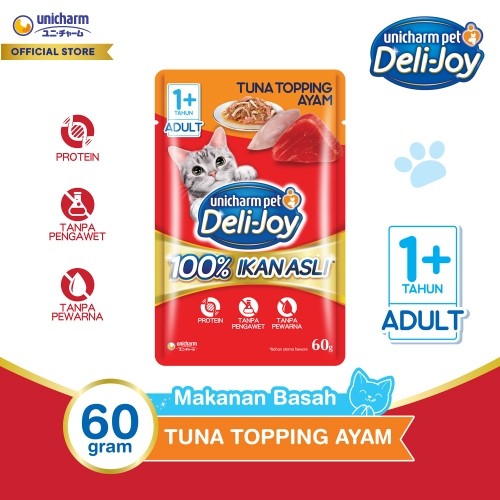 Deli-Joy Makanan Kucing Basah Pouch Adult Tuna Topping Ayam 60g