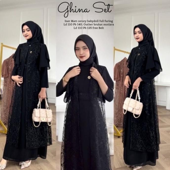 Ghina Set / Setelan Gamis Inner Ceruty Outer Brokat / Gamis Pesta ES77
