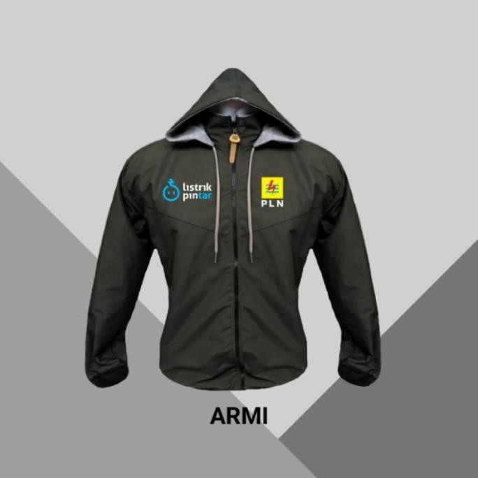JAKET PARASUT LOGO PLN ANTI AIR BEBAS COSTUM SABLON & BORDIR FREE TOPI