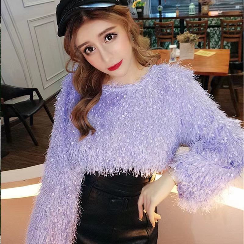 Kemeja Boneka Segar Gaya Korea, Atasan Wanita Rajut Atasan Rumbai Berbulu