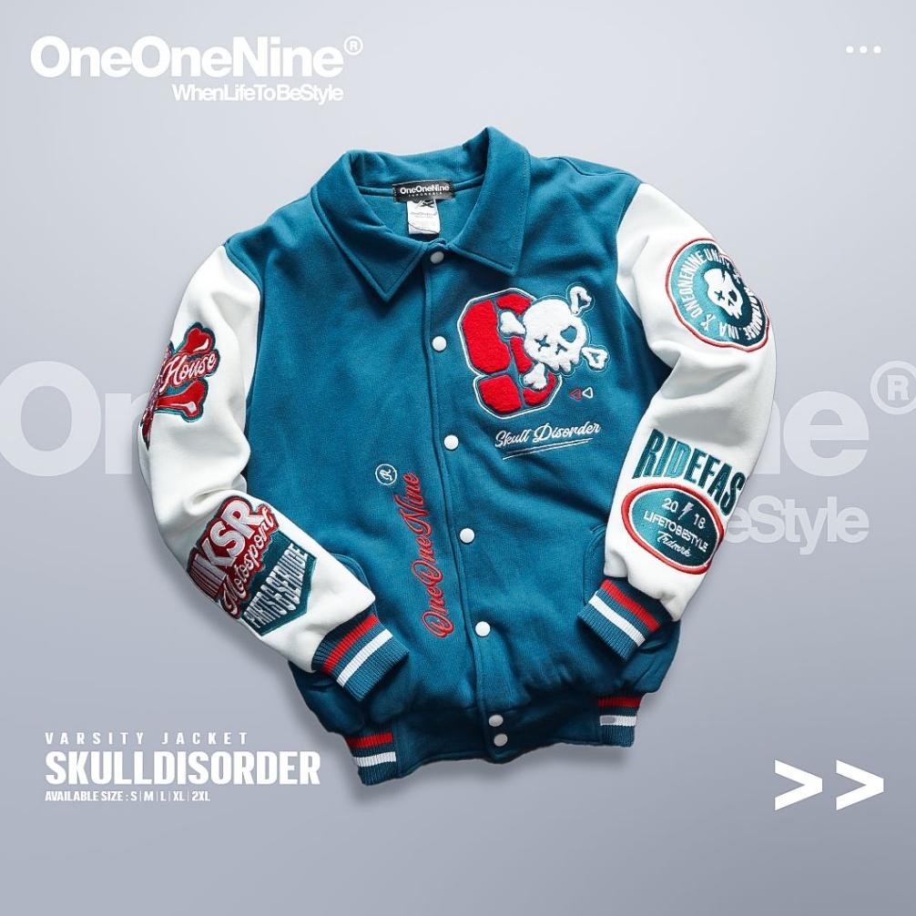Jaket Varsity Modern Keren Oneonenine Ksr Skull Disorder Blue Motor Fleece Bordir