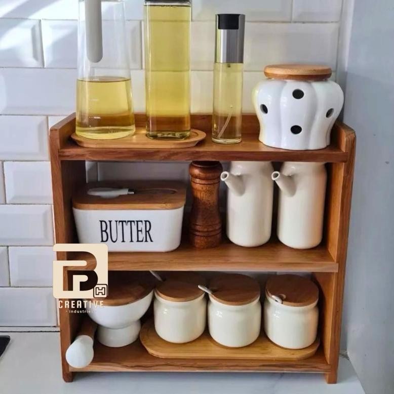 Rak bumbu dapur 3 susun Rak bumbu papan kayu jati Rak serbaguna Rak kosmetik