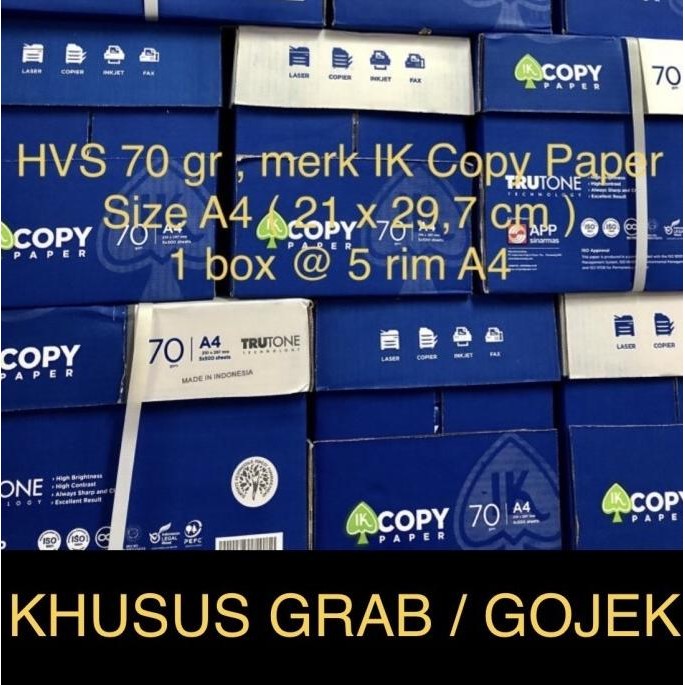 

TERBARU - Hvs A4 70 gr merk IK copy paper ( box ) KHUSUS GRAB / GOJEK