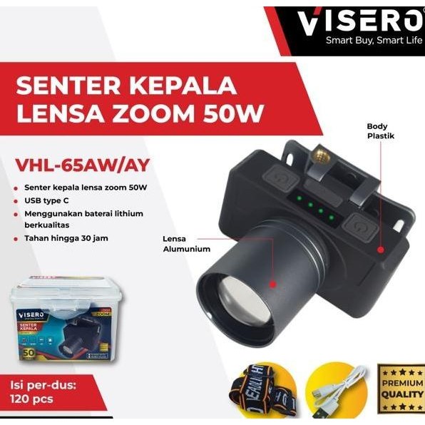 

TERSEDIA HEADLAMP LED VISERO VHL-65AW SENTER KEPALA 50 WATT LENSA ZOOM CAS ULANG CAHAYA PUTIH