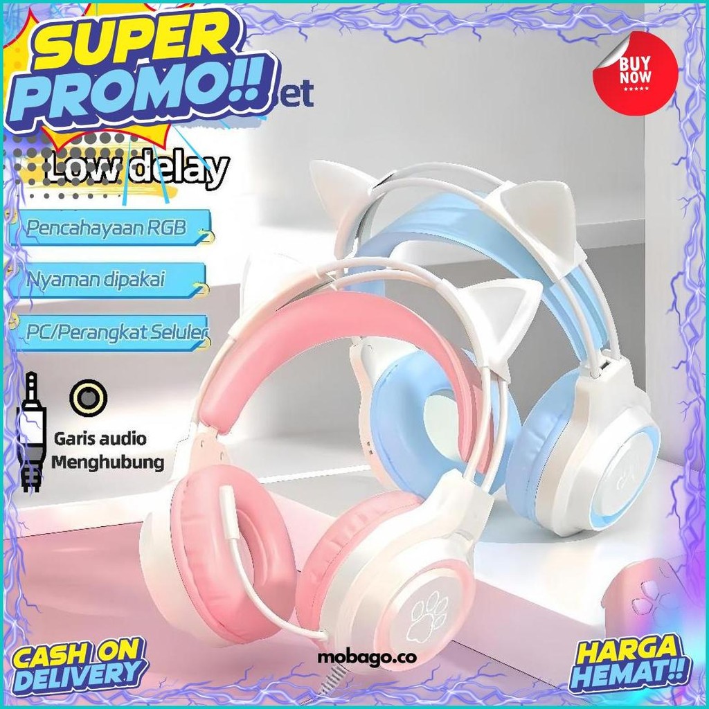 Yulozea Headset Gaming Cat Ears Gaming Headphone Rgb 7.1 Pink Headphones Anak Perempuan Warna Deskto