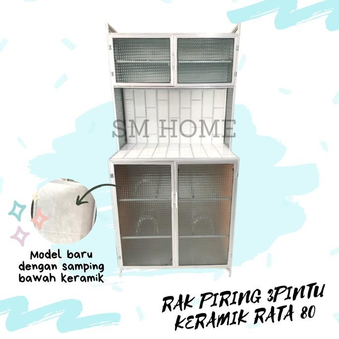 Rak Piring Aluminium 2pintu Rata Bawah Keramik Kaca Minimalis