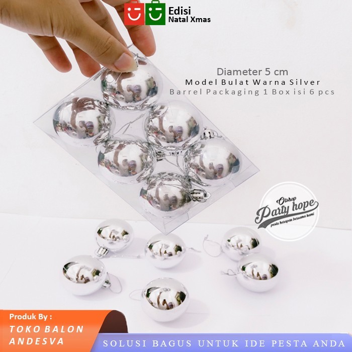 Natal bola natal 5 cm isi 6 / hiasan gantung bola pohon natal / bola natal - SILVER Limited